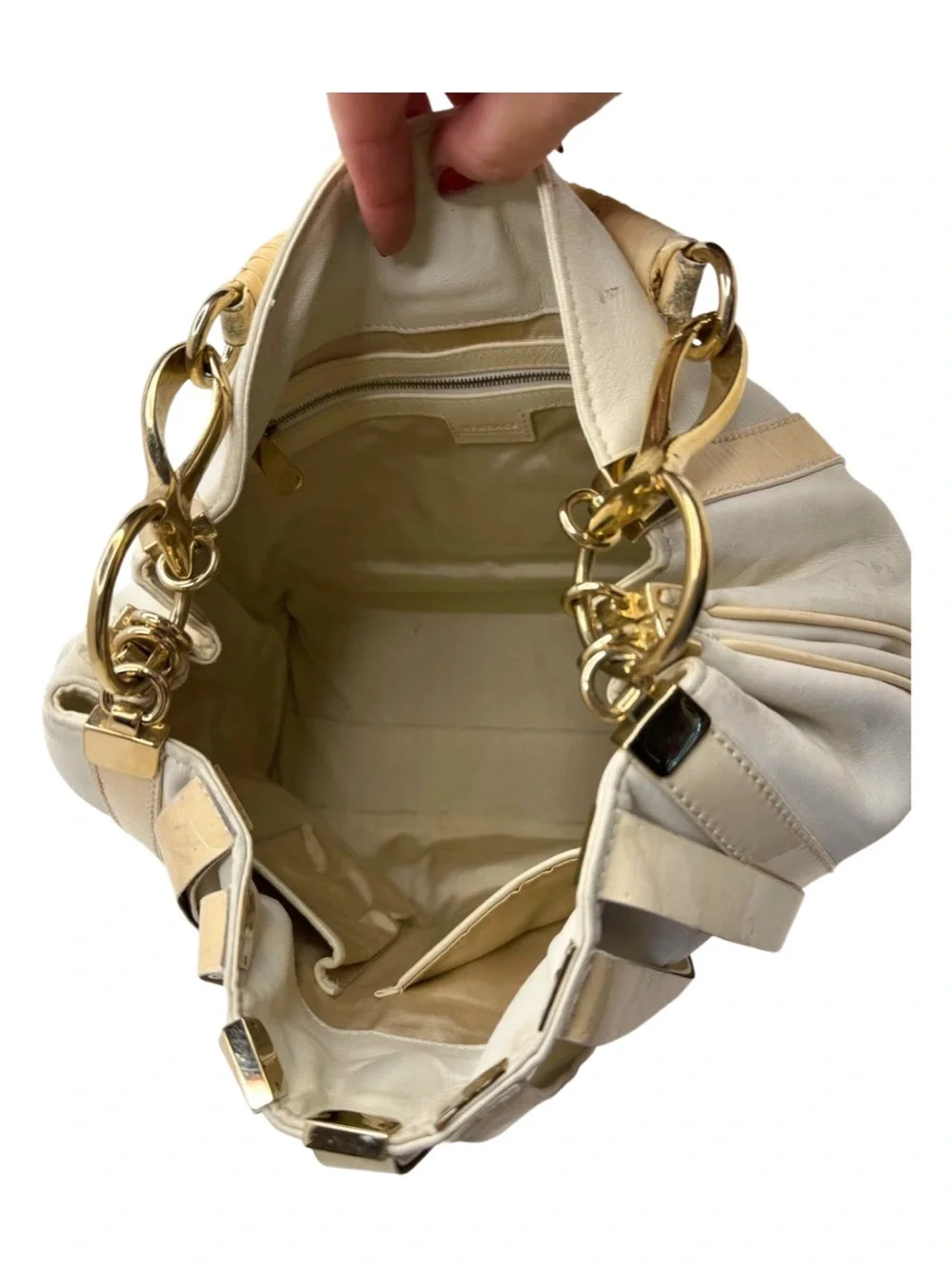 Versace Vintage Cream & Beige Leather Hobo Bag with Gold Hardware